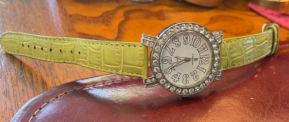 Women's 35mm Silver Tone In Collection Watch, Crystal Accents, Line Green Band